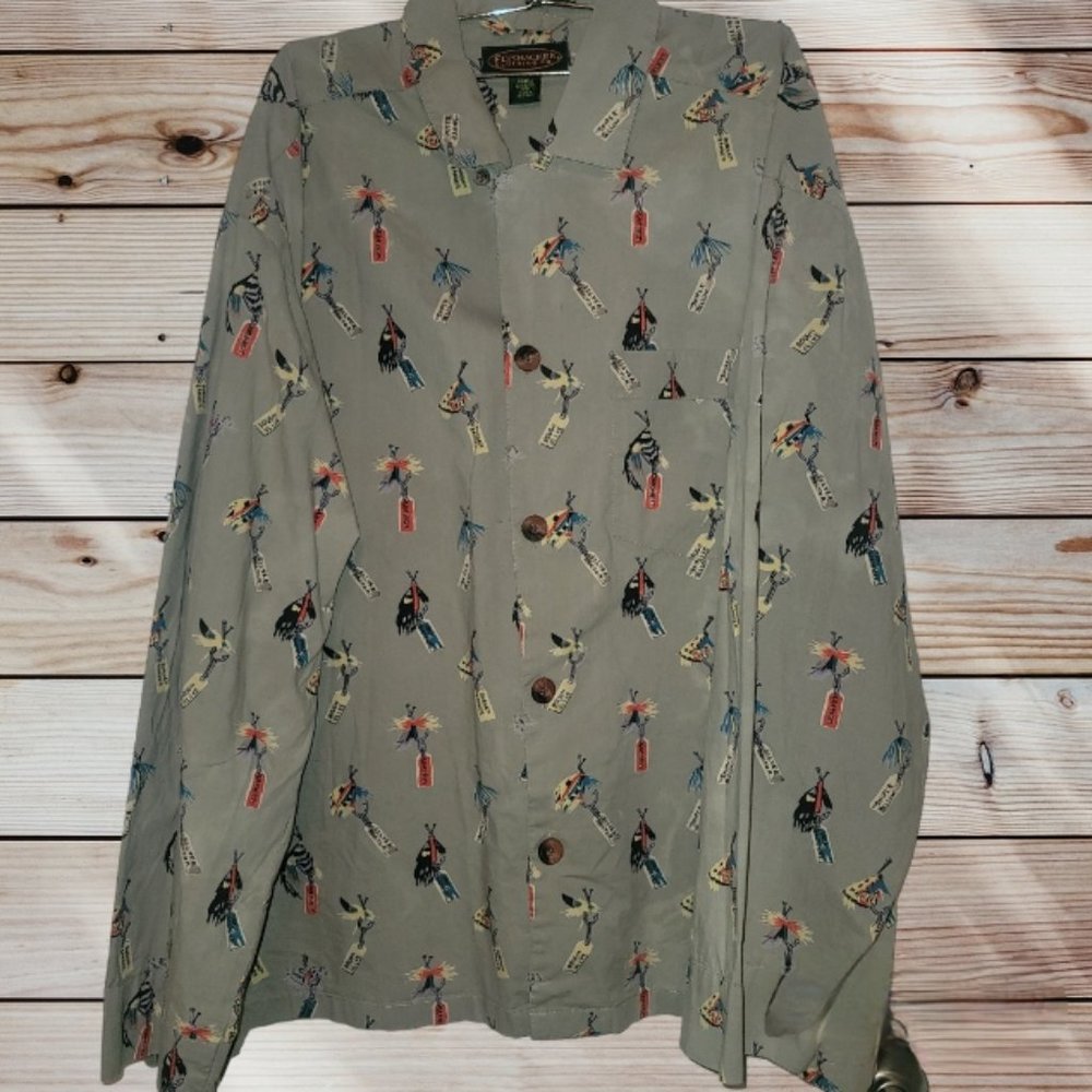 Flyshacker Clothing Co. Men’s XL Long Sleeve Button Up Shirt Fishing Lure Print